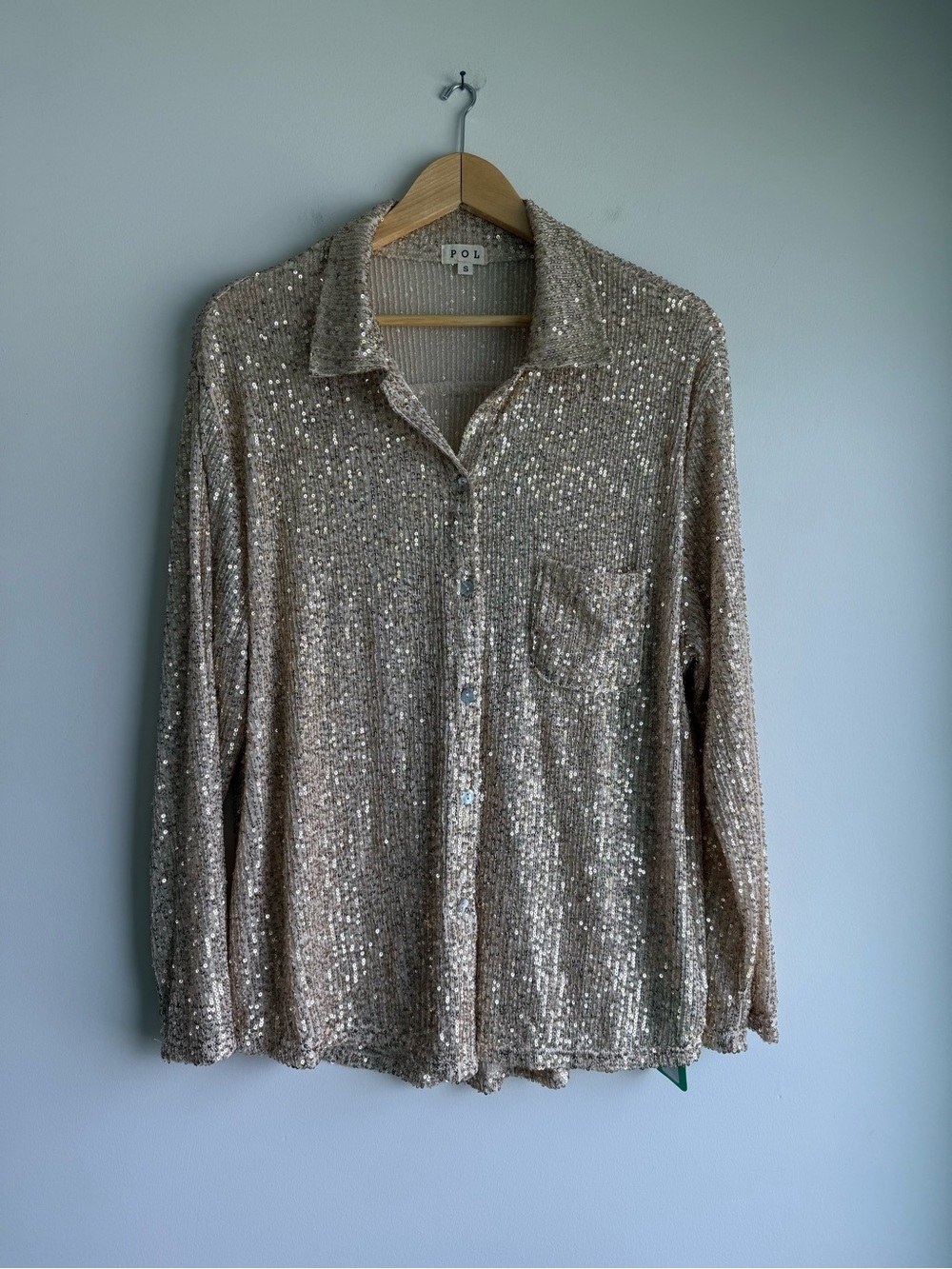 POL Gold Beige Sequin Oversized Button Front Shacket Shirt Small